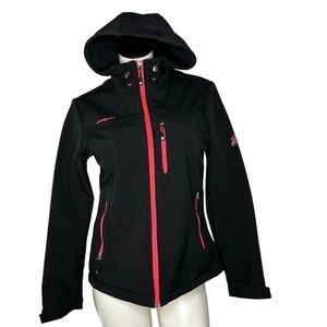 ZEROXPOSUR Black Soft Shell Hooded Windbreaker Jacket Orange Zippers Women's M
